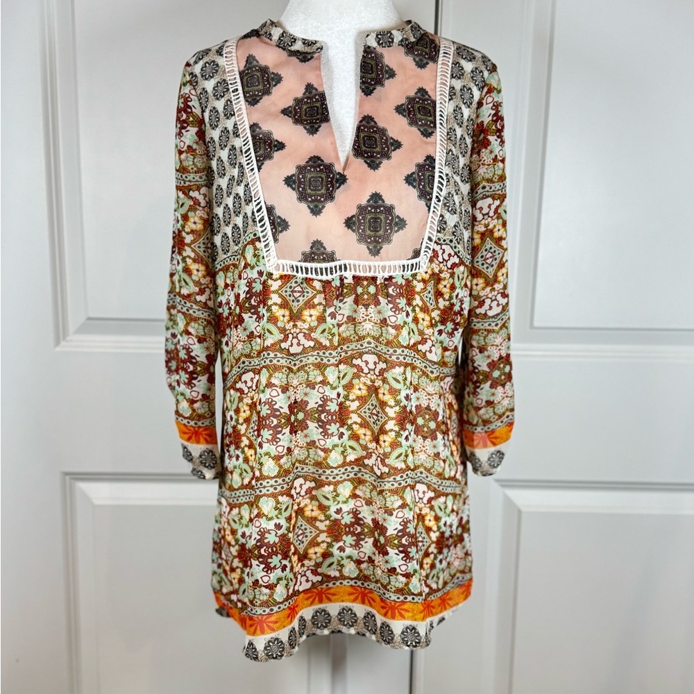 Fig and Flower Anthropologie Boho Tunic Blouse Crochet Trim Festival Small